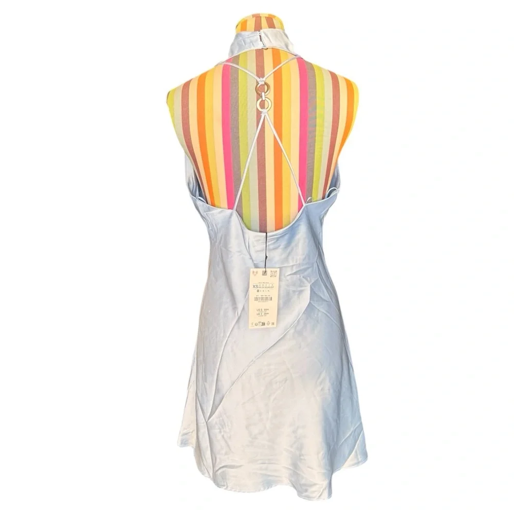 Zara Light Blue Satin Halter Mini Dress A014 - Picture 5 of 7
